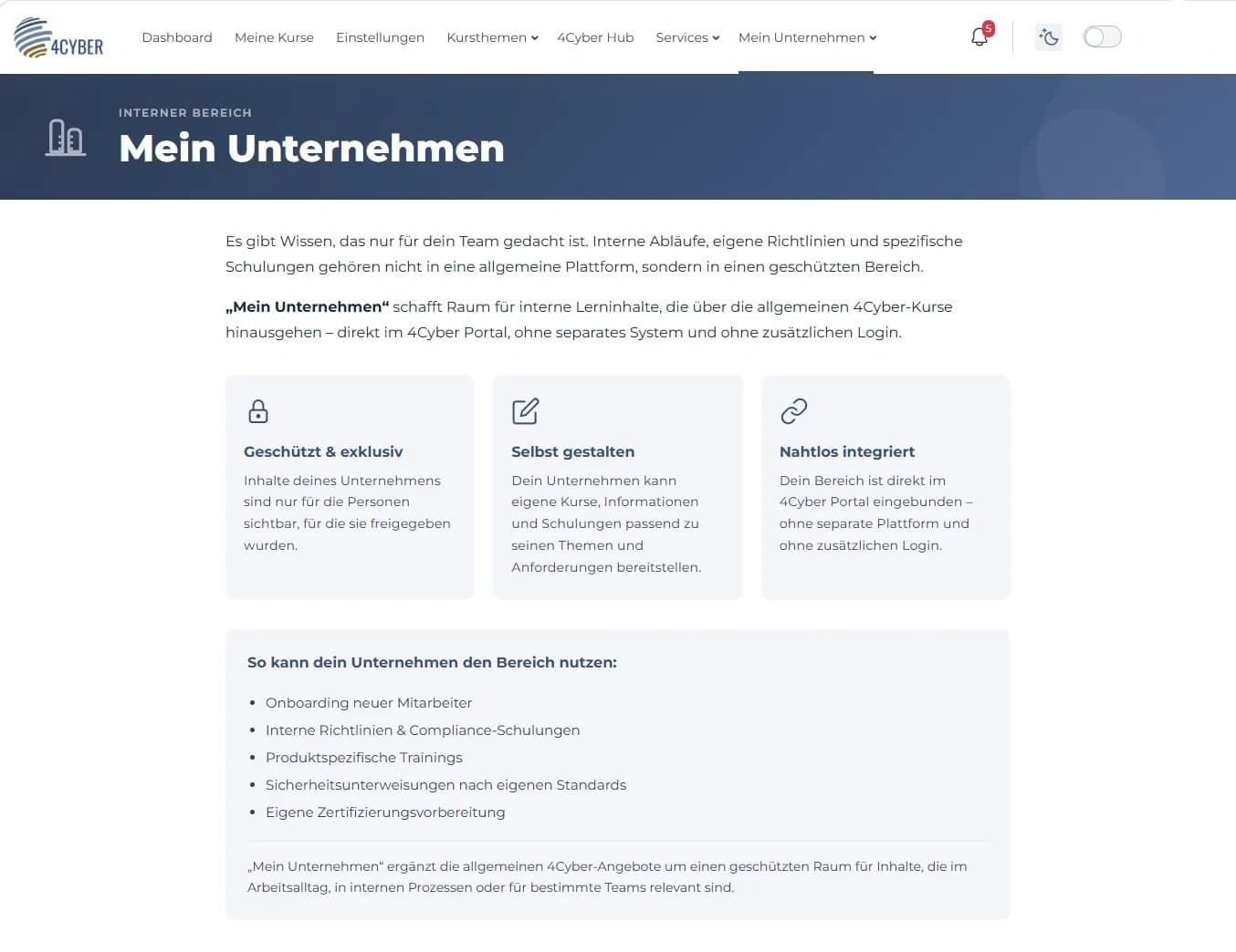 4Cyber Portal – Bereich Mein Unternehmen mit eigenen Schulungen
